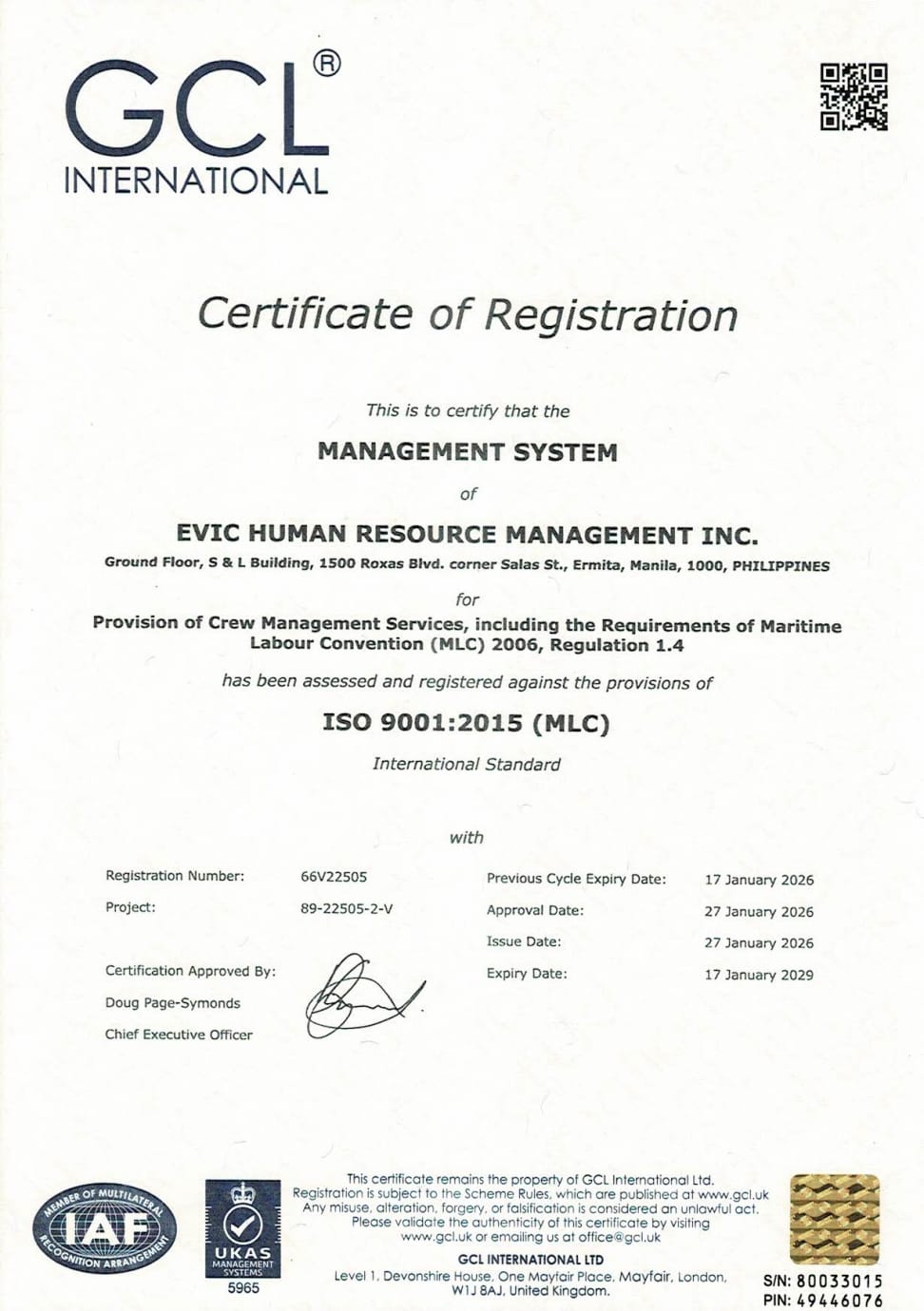 EVIC Human Resource Management Inc. ISO 9001:2015 certificate